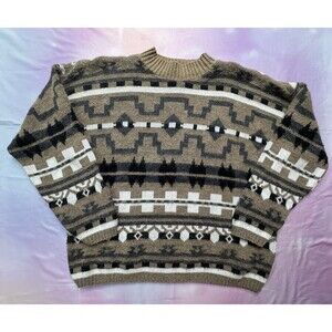 In Charge Vintage Sweater Women’s Geometric Pullover Knit 90s Large Brown/White